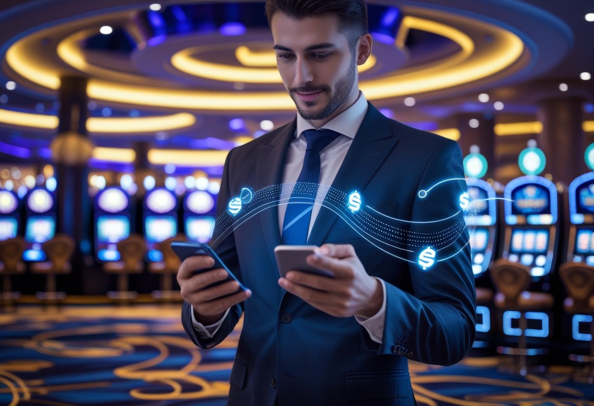 A person using a smartphone in a modern casino environment with gaming tables and slot machines in the background.
