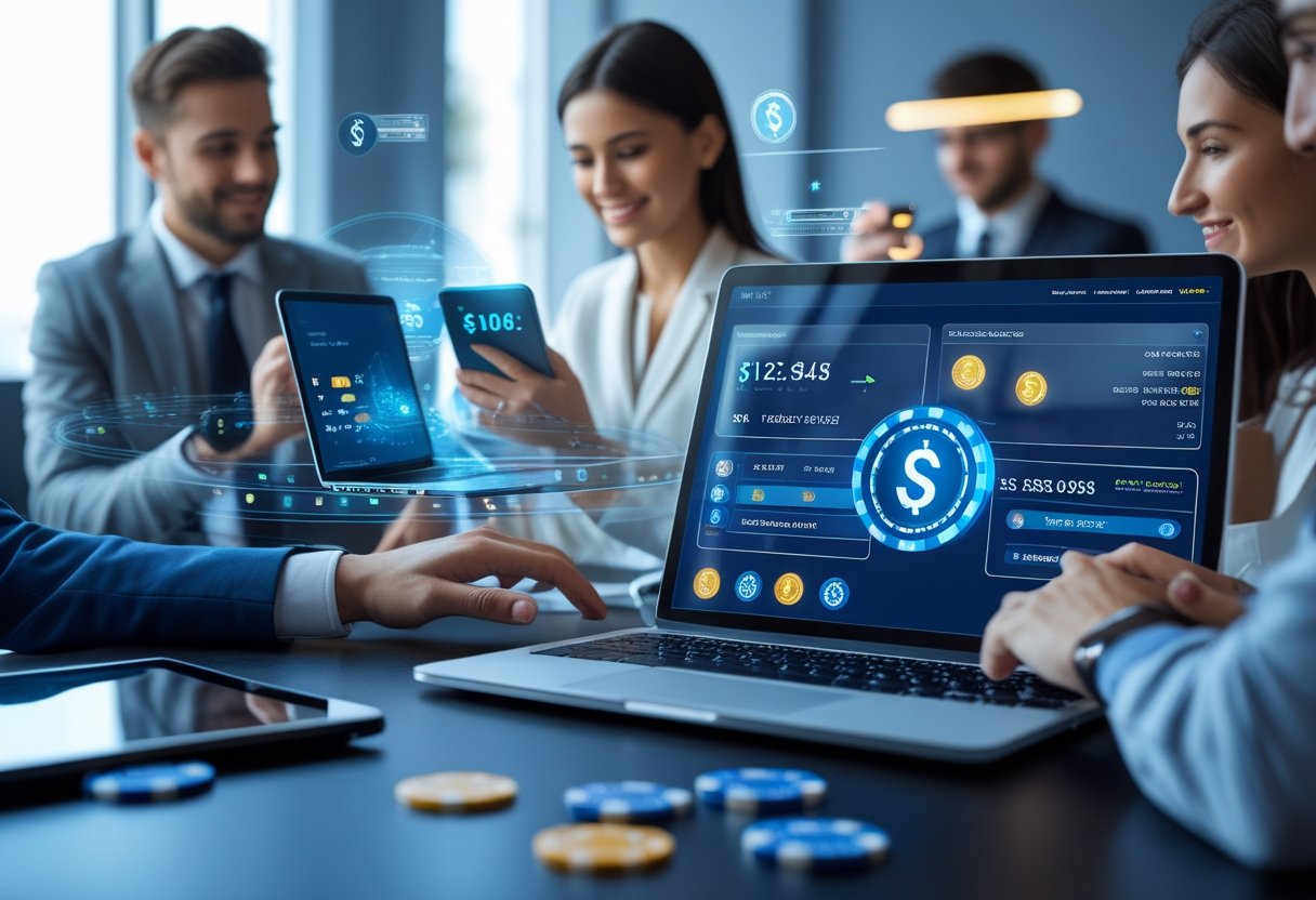 People using digital devices to make fast online casino transactions in a modern setting.