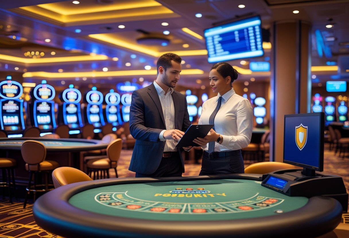 A casino manager and insurance agent discussing policies on the casino floor with gaming tables and slot machines visible in the background.