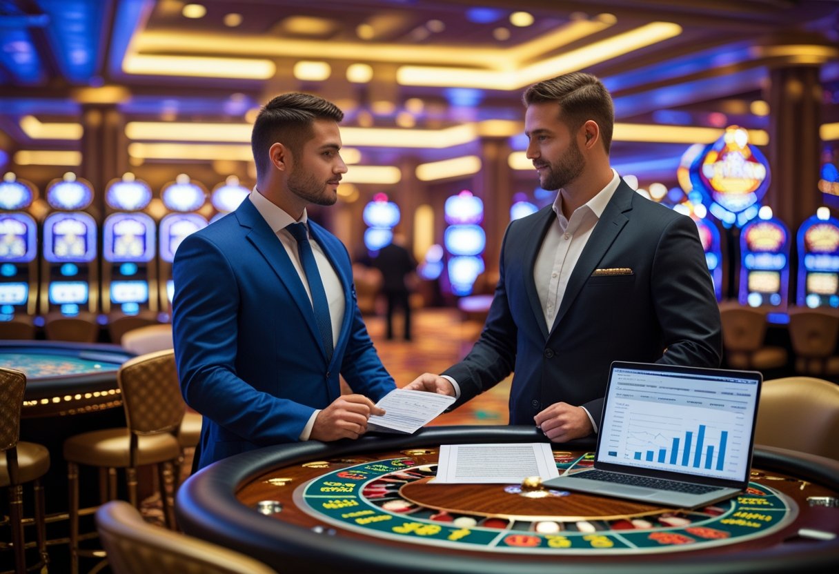 A casino manager and an insurance agent discussing policies at a gaming table inside a brightly lit casino.