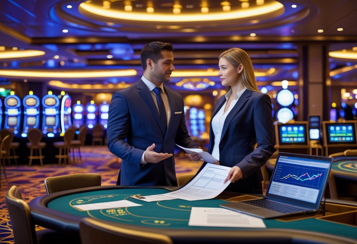 A casino floor with gaming tables and slot machines, where a business professional is discussing documents with a casino manager.