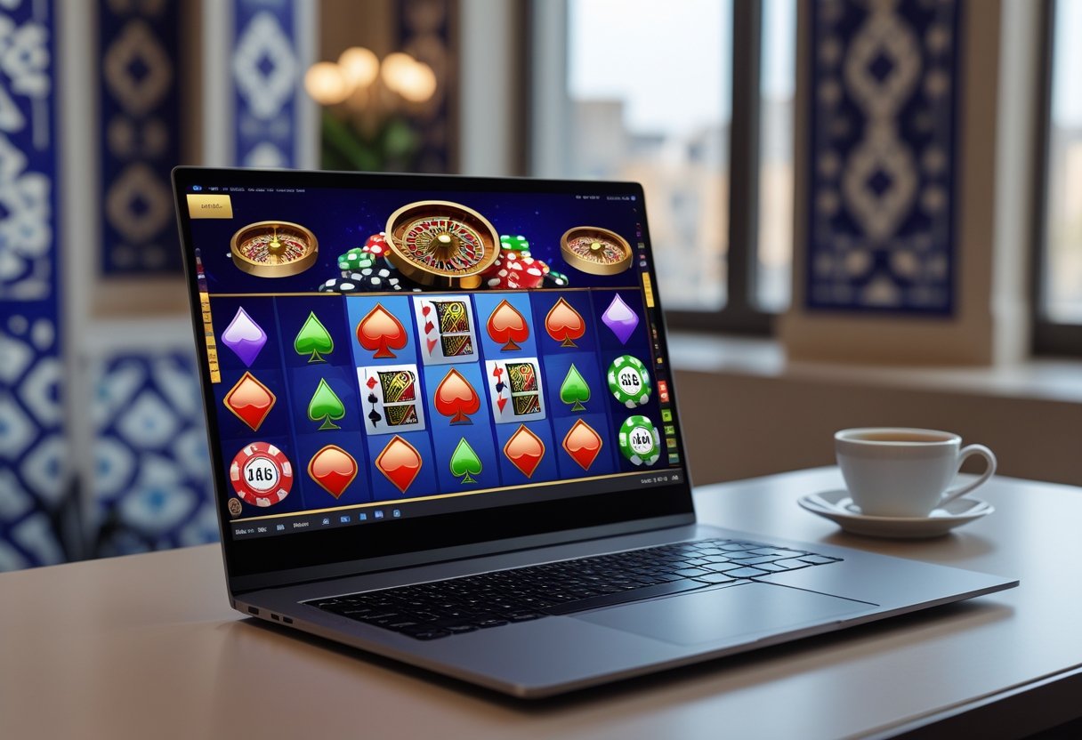 A laptop on a desk displaying an online casino game with Azerbaijani architectural patterns in the background.