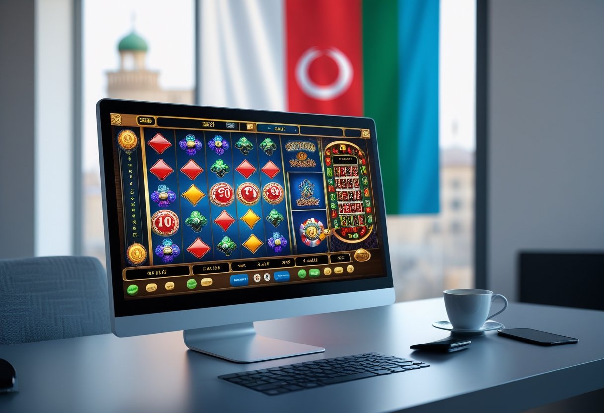 A laptop displaying an online casino interface with Azerbaijani colors and traditional patterns in the background on a modern desk.