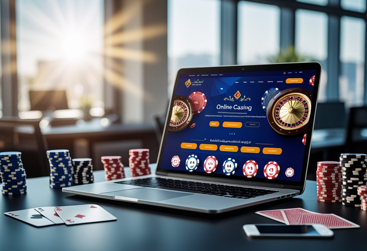 A modern workspace with a laptop showing an online casino website, poker chips, playing cards, and a smartphone, set in a bright office environment.