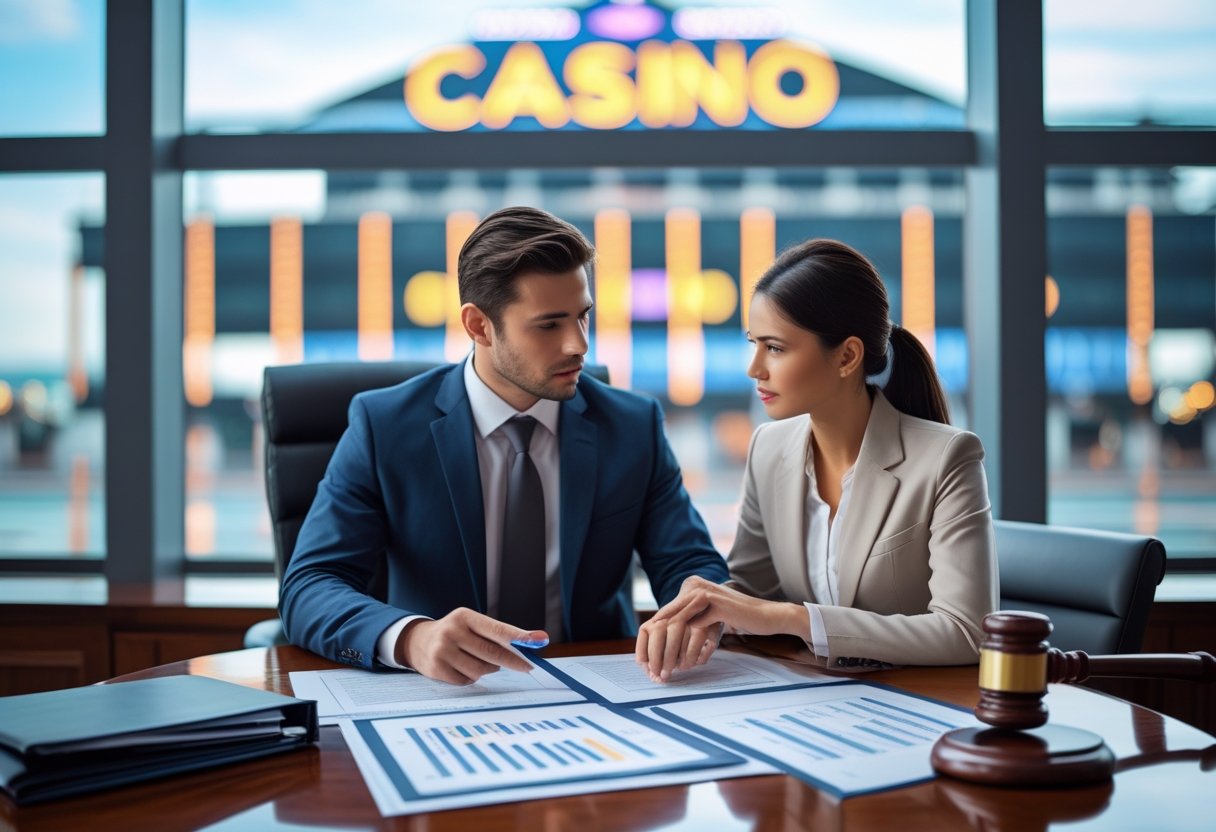 A lawyer and a client discussing legal documents at a desk with a casino building visible through a window in the background.