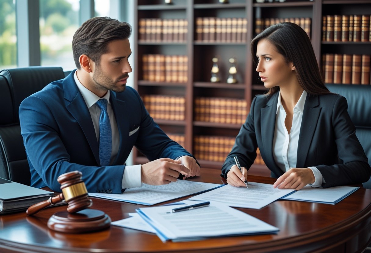 A lawyer and a client reviewing legal documents together in an office.