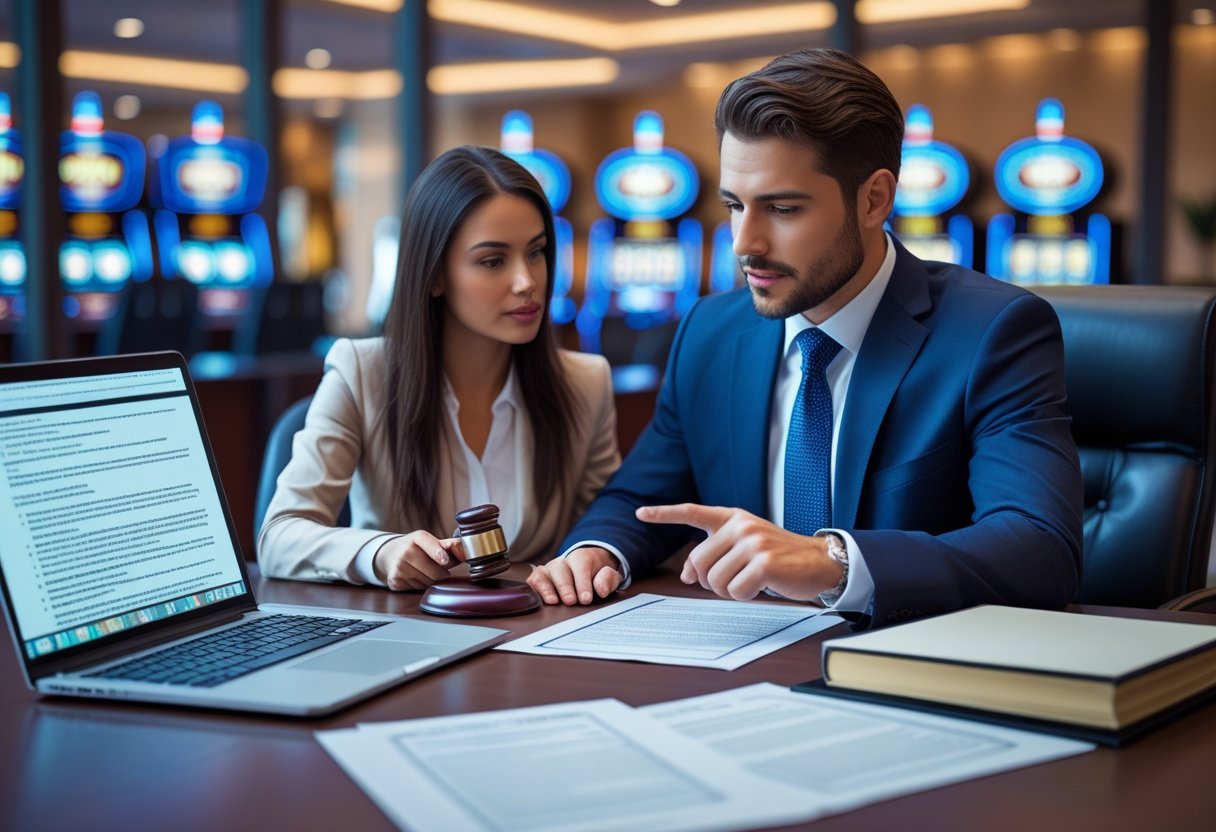 A lawyer and client reviewing legal documents at a desk with a blurred casino visible through a window in the background.