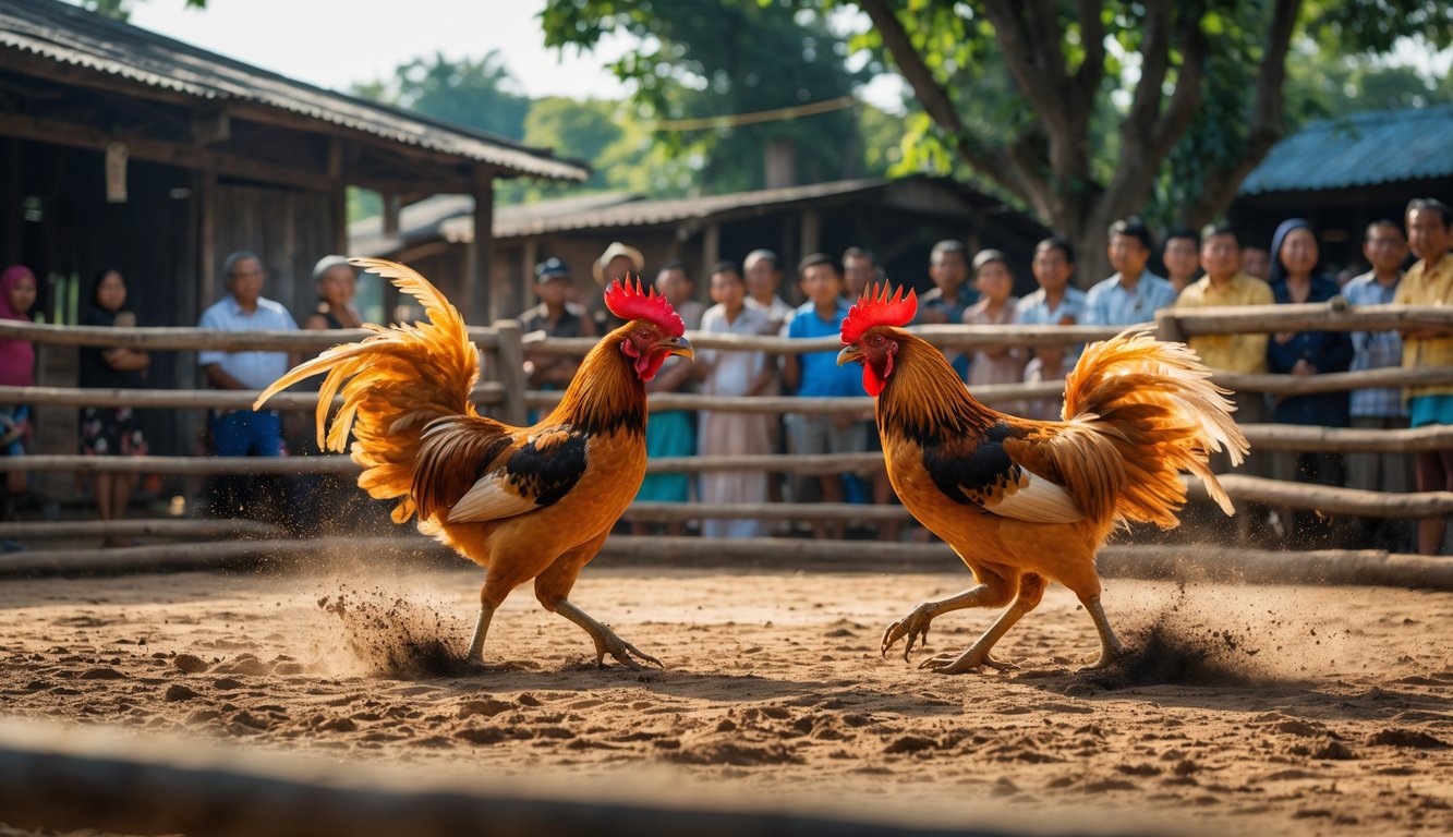 Dua ayam jago sedang bertarung di arena dengan penonton mengelilingi di luar ruangan.