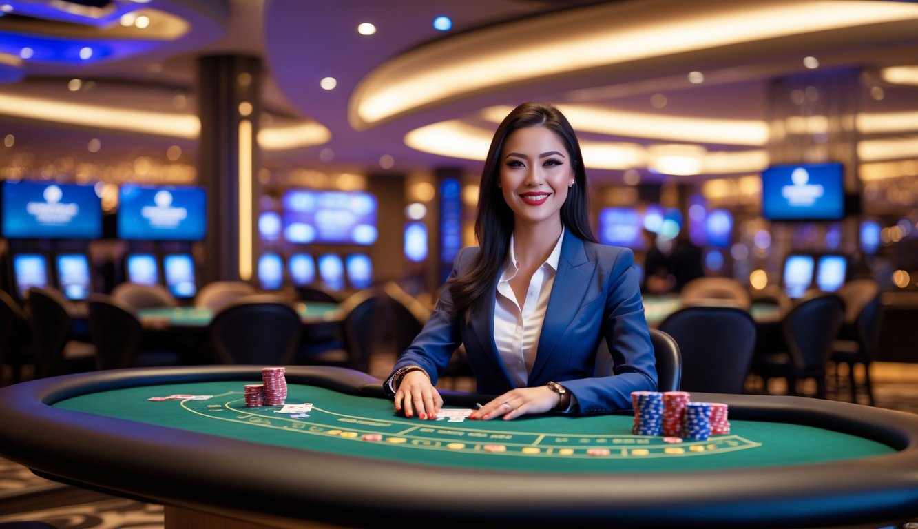 Seorang dealer profesional duduk di meja kasino dengan kartu dan chip, di lingkungan kasino modern yang elegan.