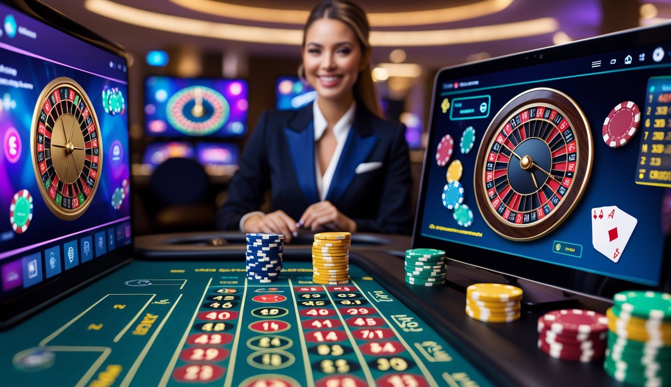 Seorang dealer kasino langsung yang ramah sedang berinteraksi dengan pemain melalui layar komputer dengan elemen permainan kasino seperti roda roulette dan kartu bermain.