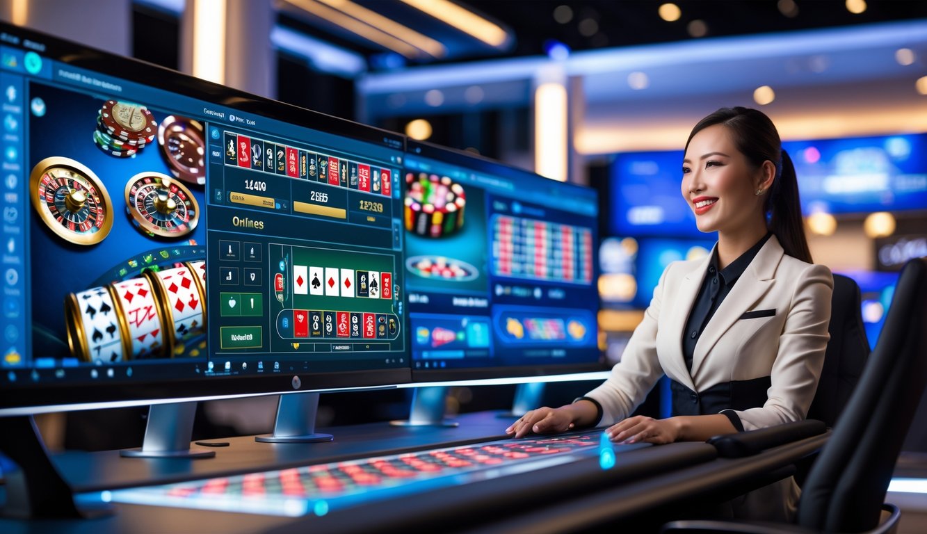 Seorang dealer kasino wanita yang tersenyum di depan kamera dengan layar komputer menampilkan permainan kasino online di latar belakang.