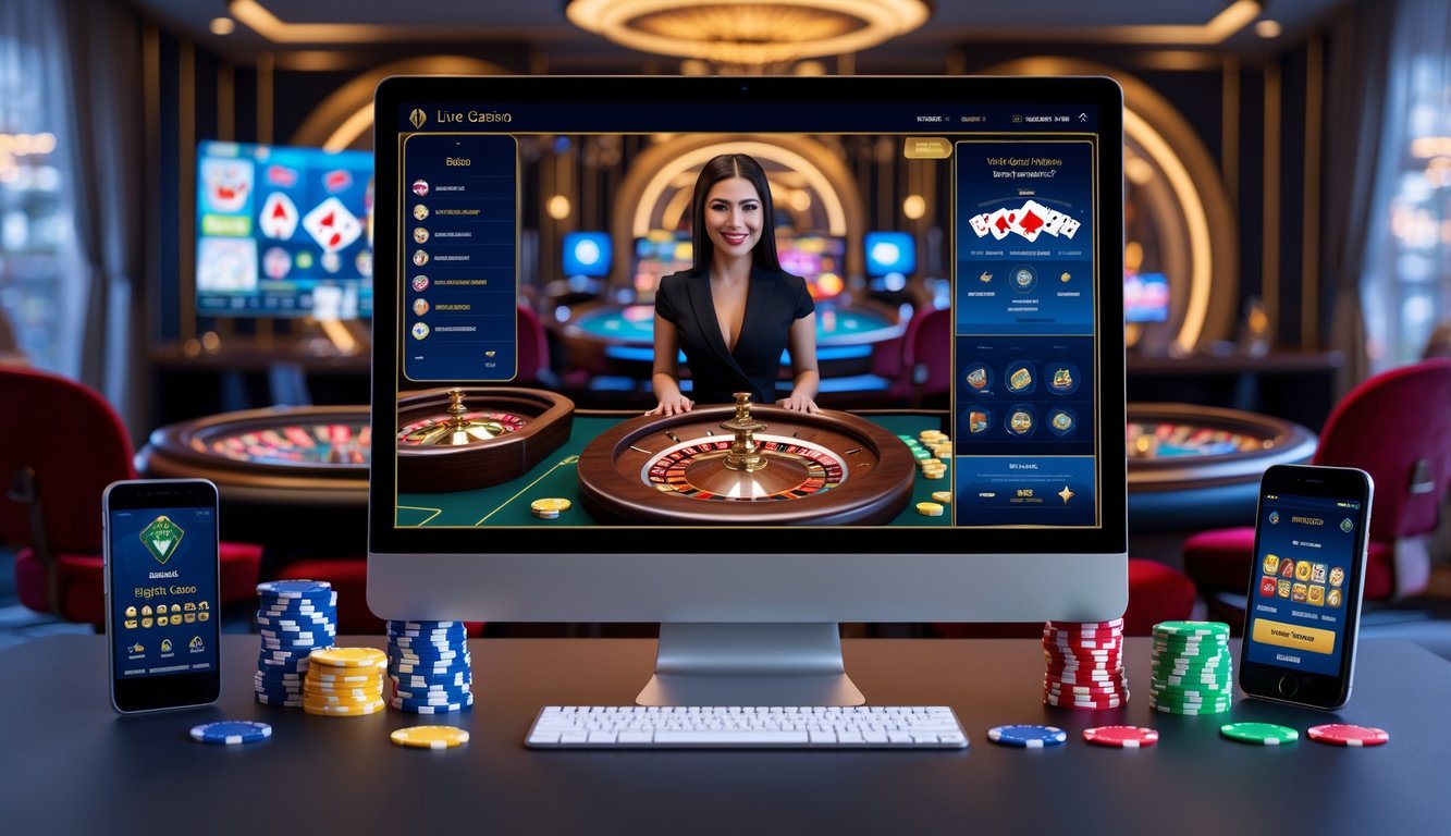 Seorang dealer wanita tersenyum di depan layar komputer yang menampilkan permainan kasino langsung dengan berbagai elemen kasino seperti chip, kartu, dan roda roulette di sekitarnya.