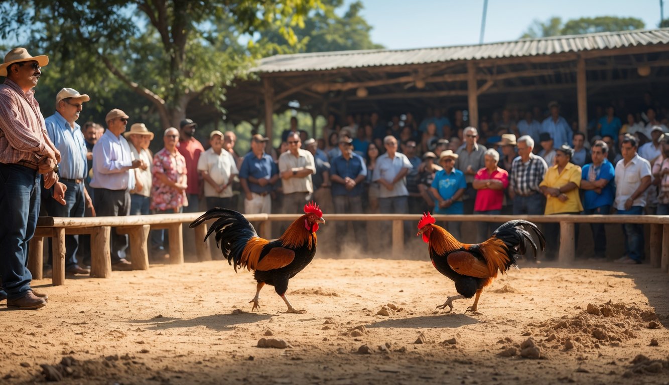 Arena sabung ayam dengan dua ayam bertarung dan penonton yang antusias mengelilingi arena.