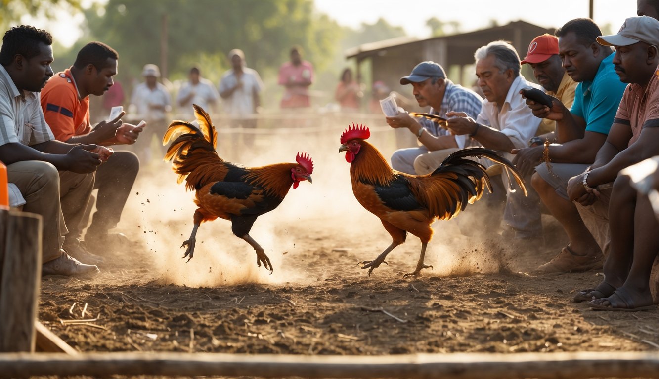 Dua ayam aduan sedang bertarung di luar ruangan dengan sekelompok orang yang memperhatikan dan memasang taruhan.