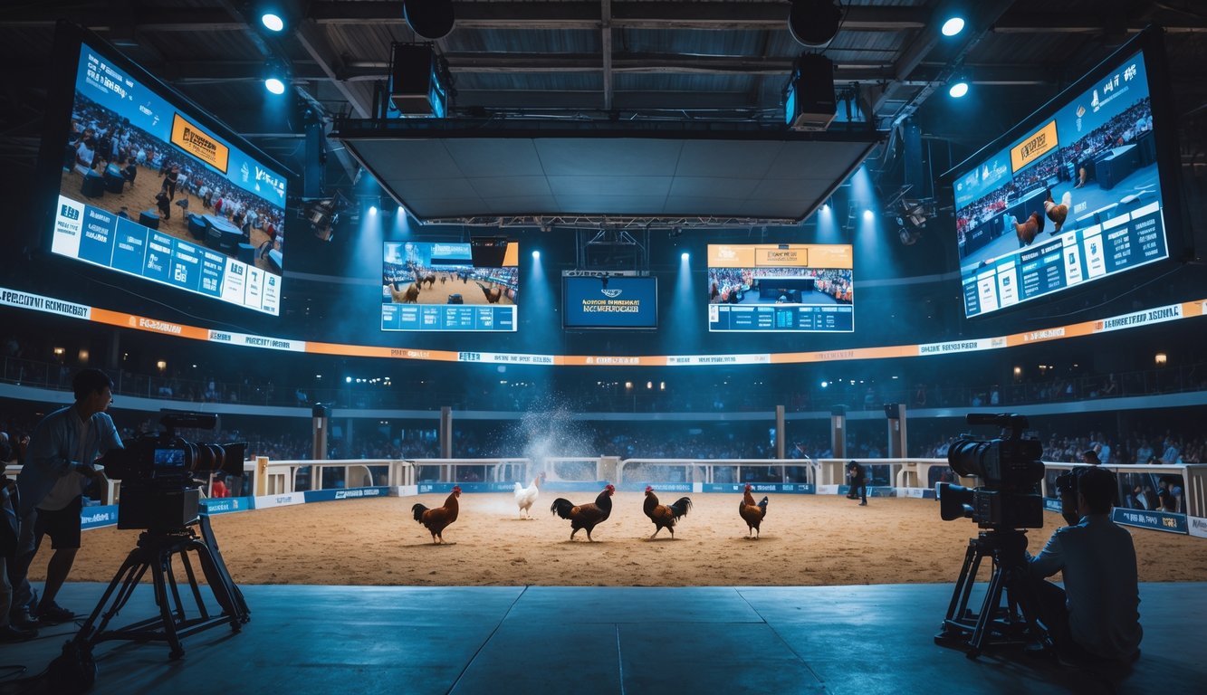 Arena sabung ayam dengan teknologi siaran langsung yang canggih dan penonton yang fokus menyaksikan pertandingan.