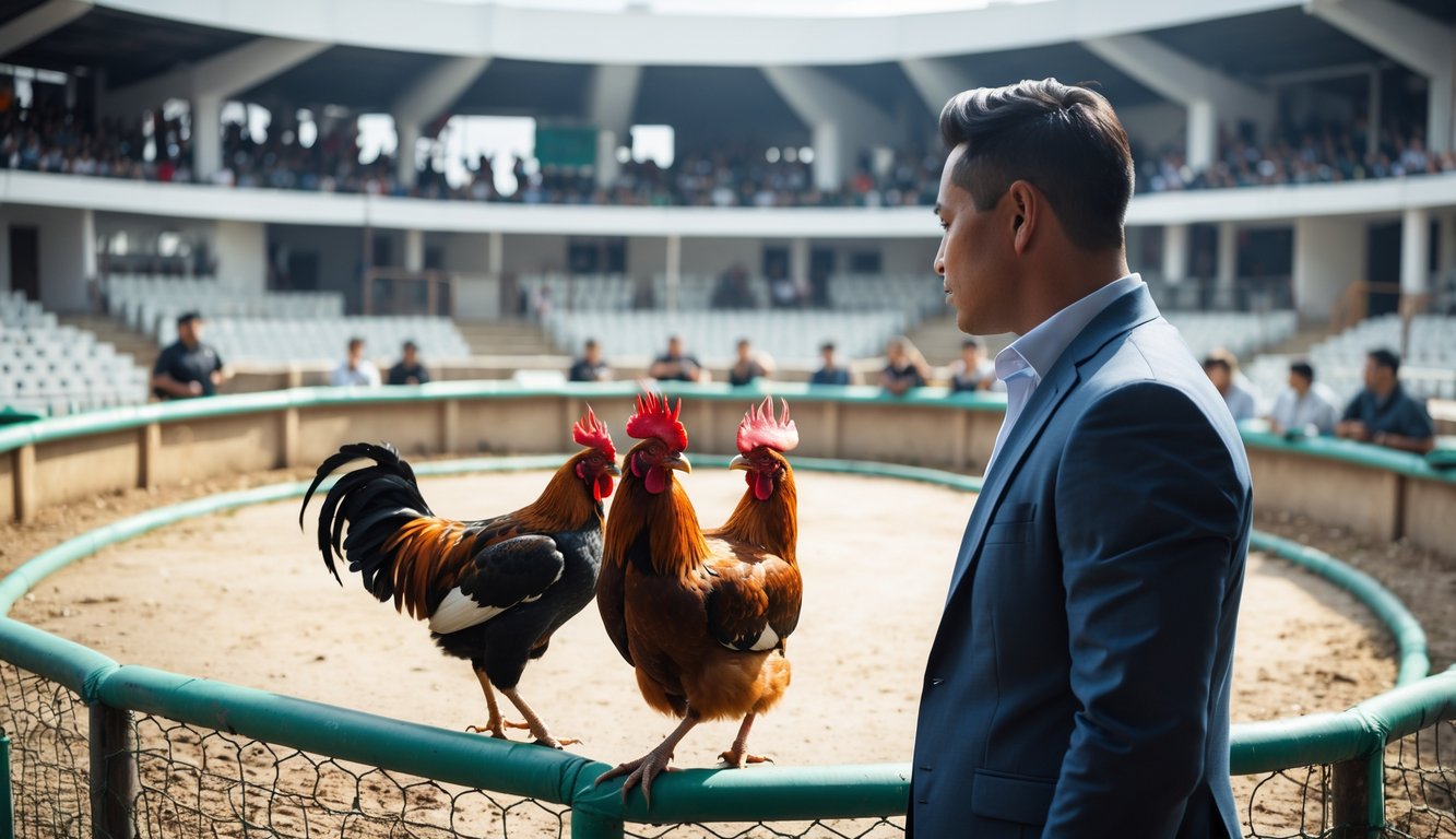 Seorang pria memperhatikan dua ayam aduan bertarung di arena yang tertata rapi dengan penonton di latar belakang.