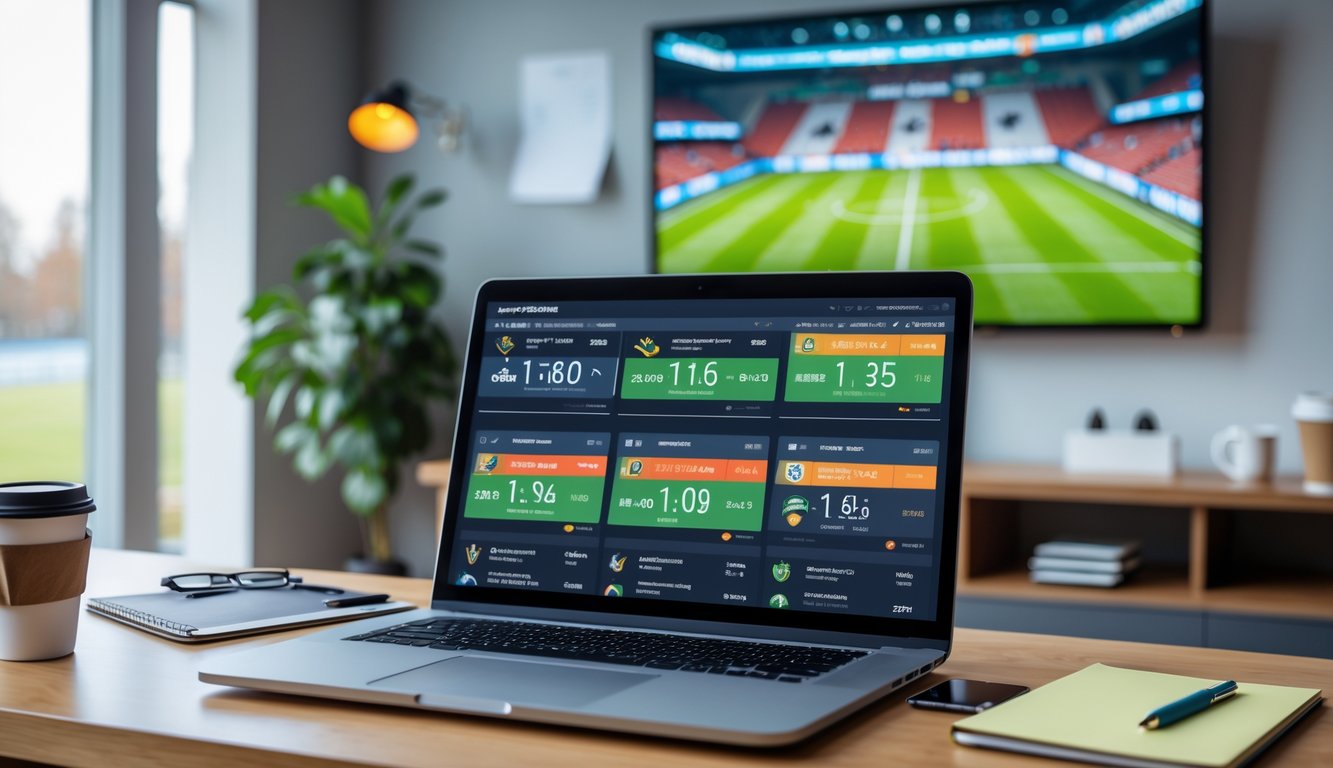 Meja kerja dengan laptop dan ponsel yang menampilkan skor pertandingan olahraga secara langsung, dengan televisi di latar belakang yang menayangkan pertandingan sepak bola.