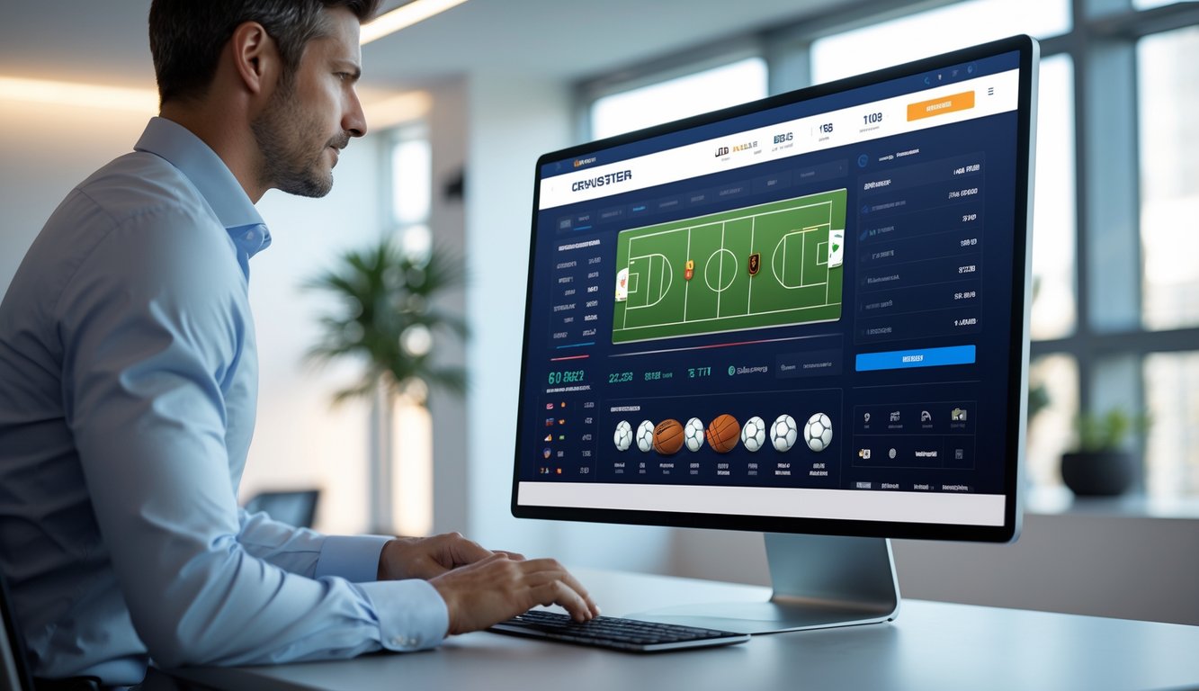Seseorang menggunakan komputer dengan tampilan antarmuka taruhan olahraga online di kantor modern.