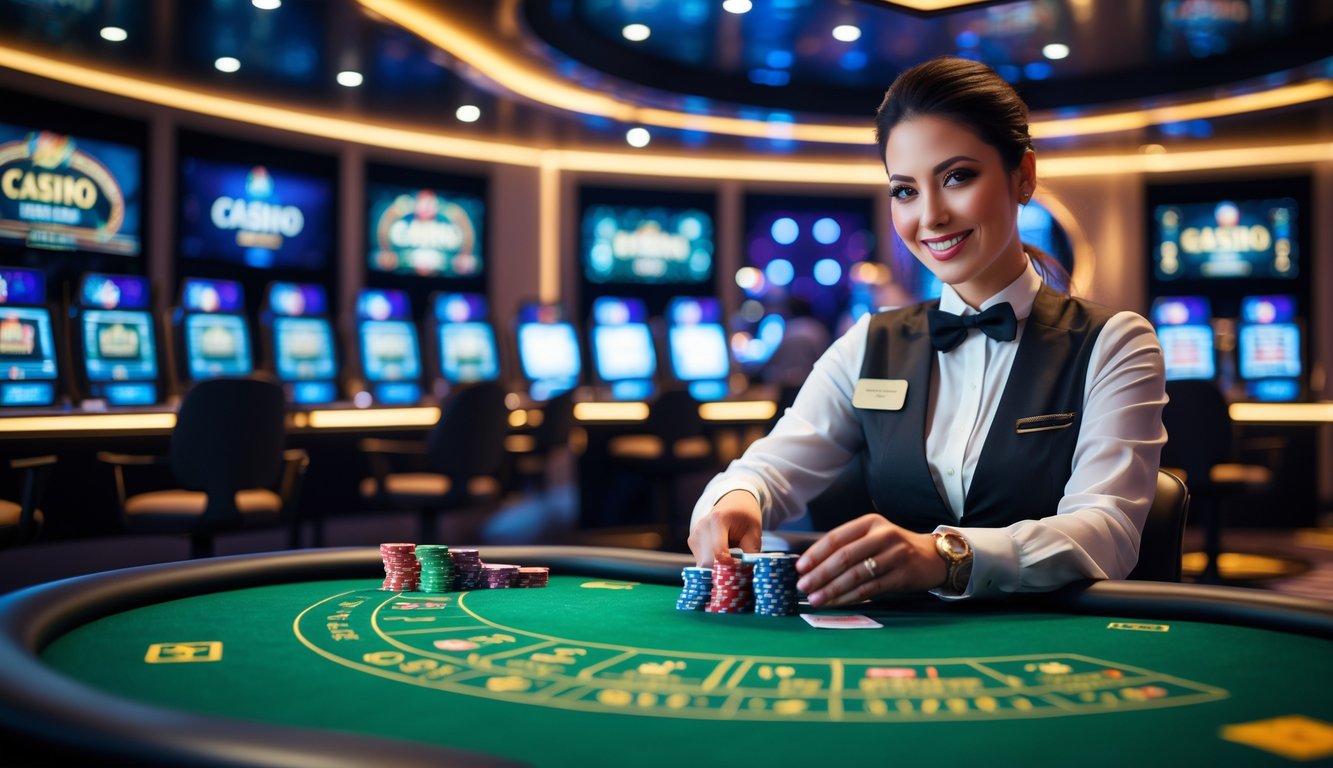 Seorang dealer profesional sedang menangani kartu di meja kasino dengan latar belakang studio kasino modern dan layar permainan.