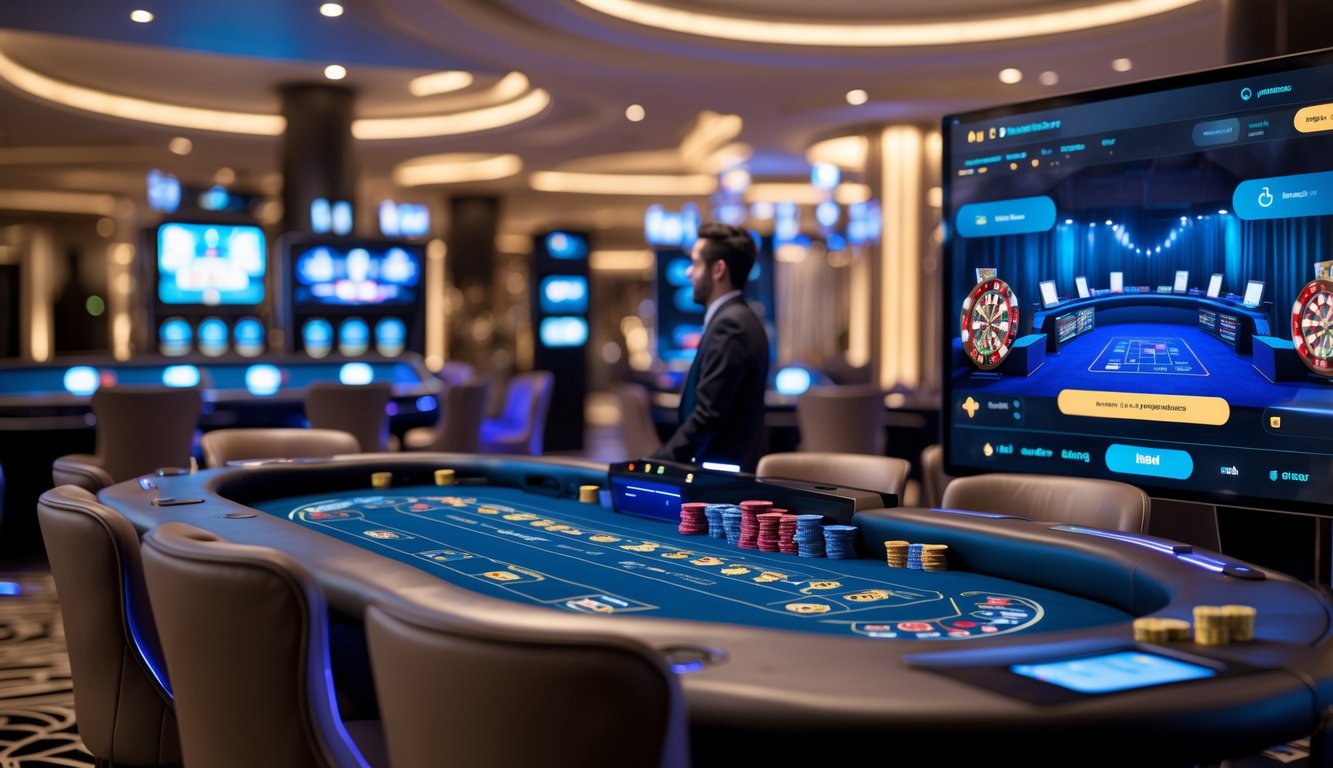 Meja kasino online interaktif dengan dealer langsung dan beberapa kursi pemain dalam suasana kasino modern.