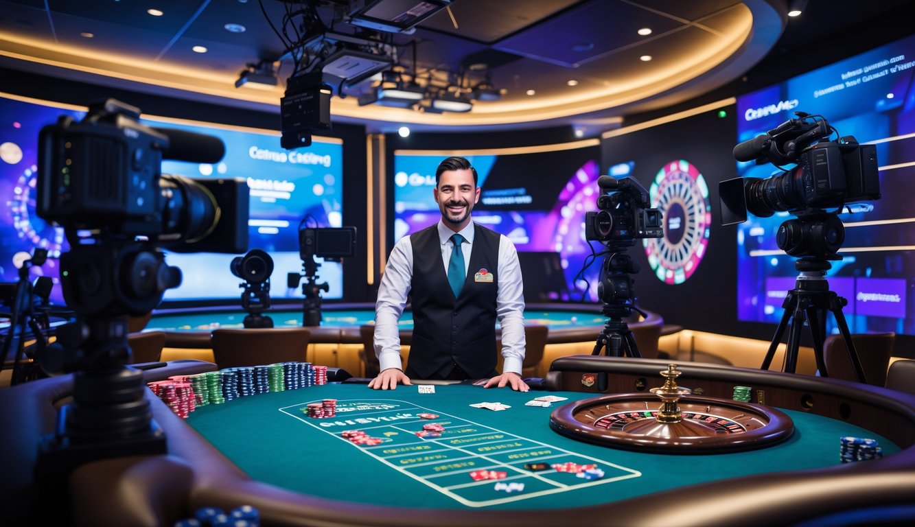 Seorang dealer kasino modern sedang bermain di meja dengan kartu dan chip, dikelilingi oleh peralatan streaming dan layar besar di latar belakang.