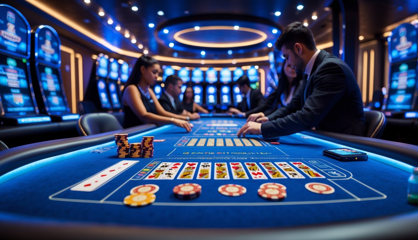 Suasana kasino langsung dengan meja permainan modern dan pemain yang sedang bermain.