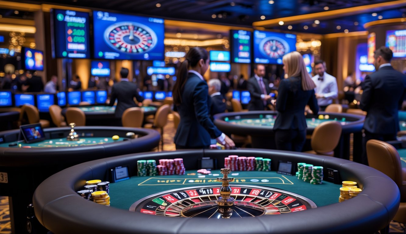 Suasana kasino langsung dengan dealer yang sedang bermain di meja permainan dan layar digital di latar belakang.