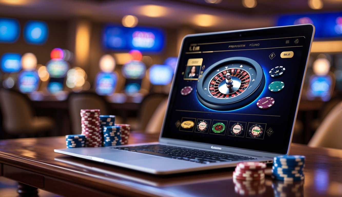 Tampilan antarmuka kasino langsung online premium di layar komputer dengan elemen kasino seperti chip dan kartu di meja kayu.