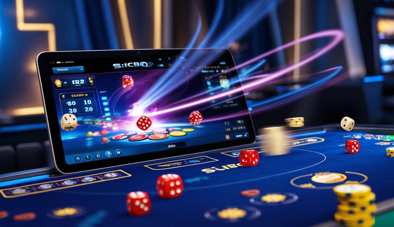 Tampilan layar perangkat dengan permainan Sicbo online yang menampilkan dadu berputar cepat dalam suasana kasino digital.