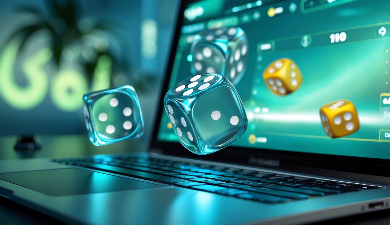 Tampilan layar komputer menampilkan permainan dadu Sicbo online dengan dadu transparan yang sedang bergulir dalam suasana ruang permainan modern.