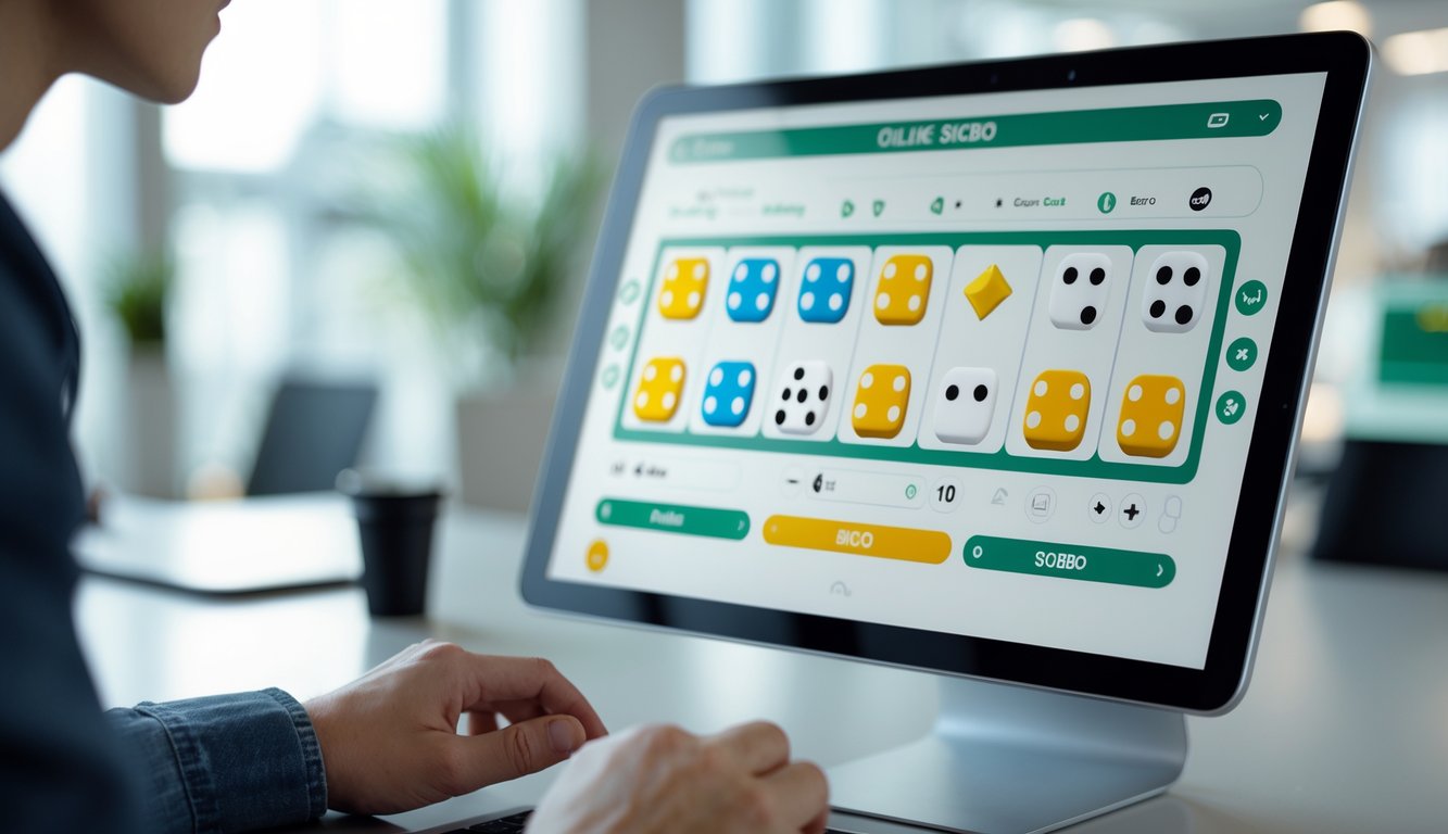 Seseorang menggunakan antarmuka permainan Sicbo online yang intuitif di layar komputer dalam lingkungan kantor modern.