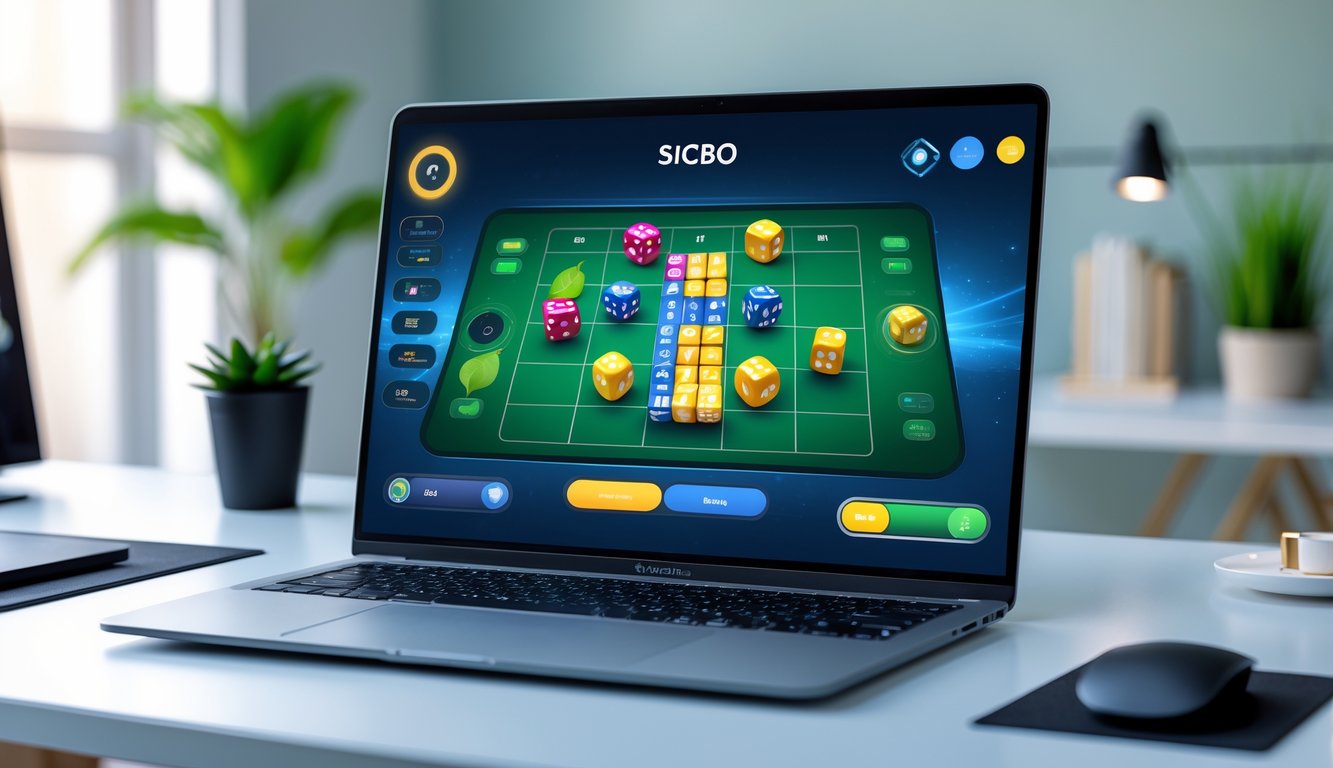 Seorang pengguna bermain permainan Sicbo online di laptop dengan animasi dadu yang bergerak secara real-time di lingkungan kantor rumah yang rapi.