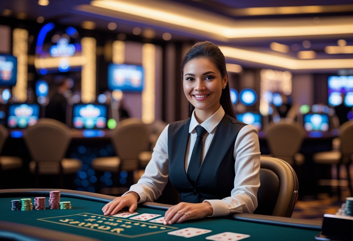A dealer at a casino table handling playing cards with chips on the table and casino elements in the background.