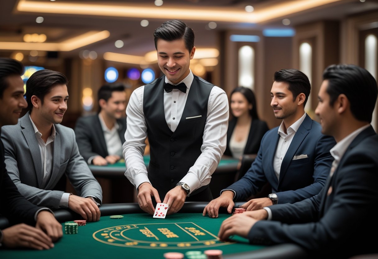 A dealer and players sitting around a casino table