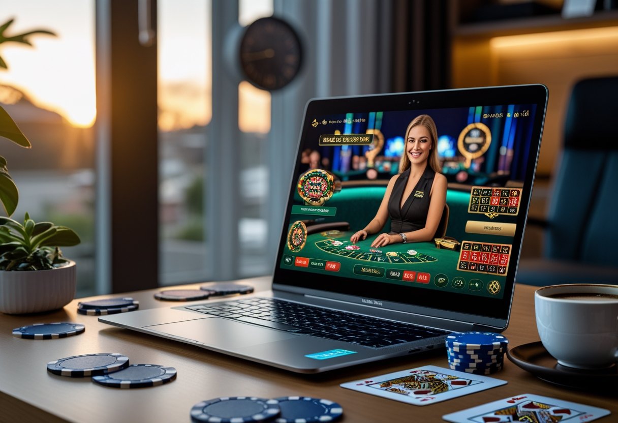 A laptop on a desk showing a live dealer casino game with a female dealer, surrounded by casino chips, cards, and a coffee cup in a bright home office.