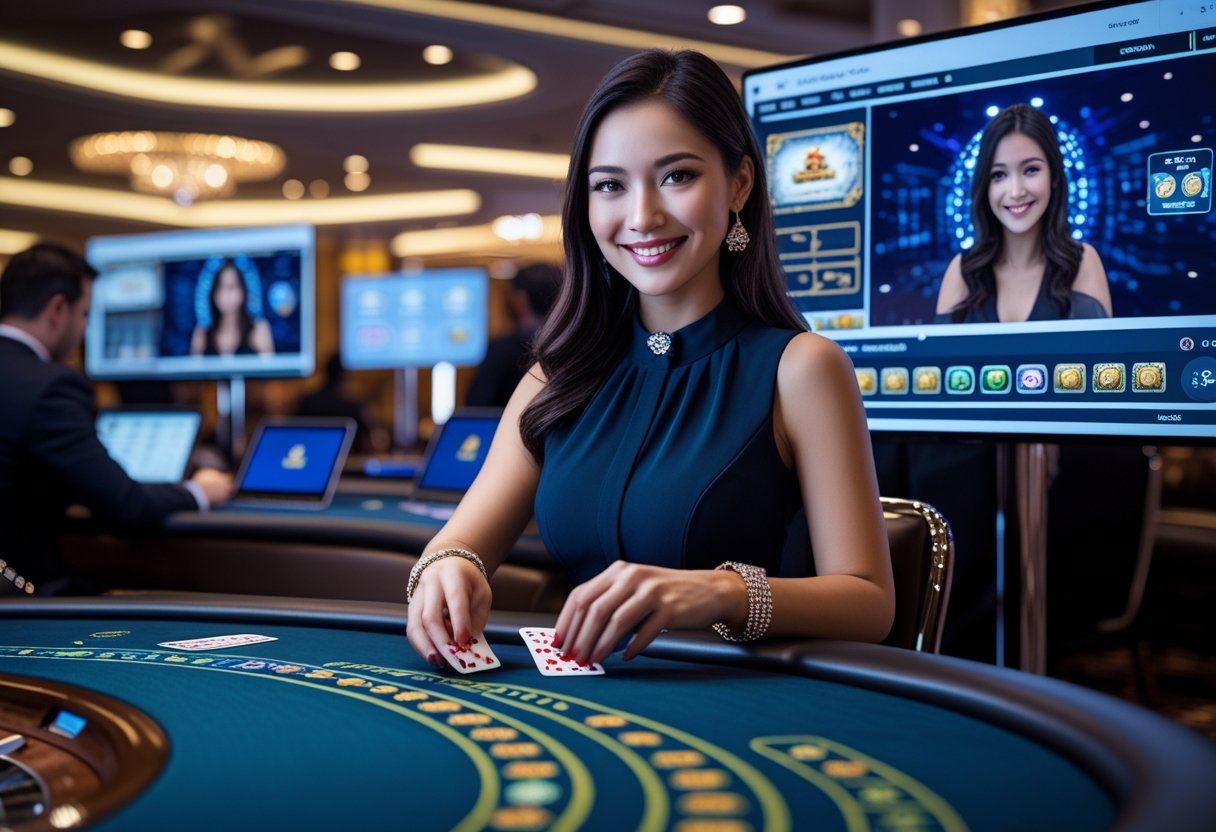 A live dealer casino table with a woman dealing cards, surrounded by digital screens showing clear streaming video and players using laptops and tablets.