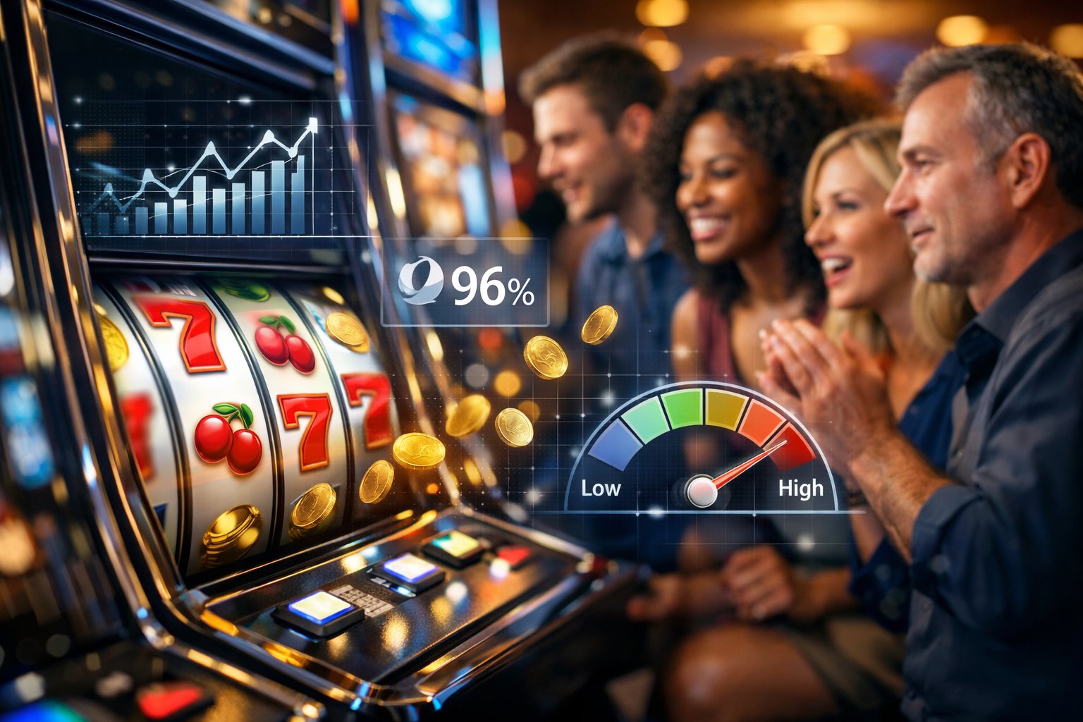 A group of people playing colorful slot machines in a casino with floating graphs and icons representing game statistics.