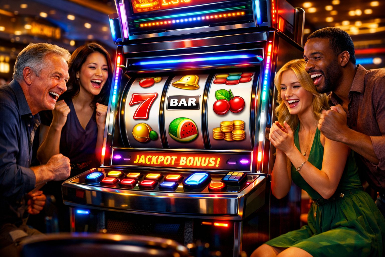A group of people happily playing a brightly lit slot machine inside a casino.