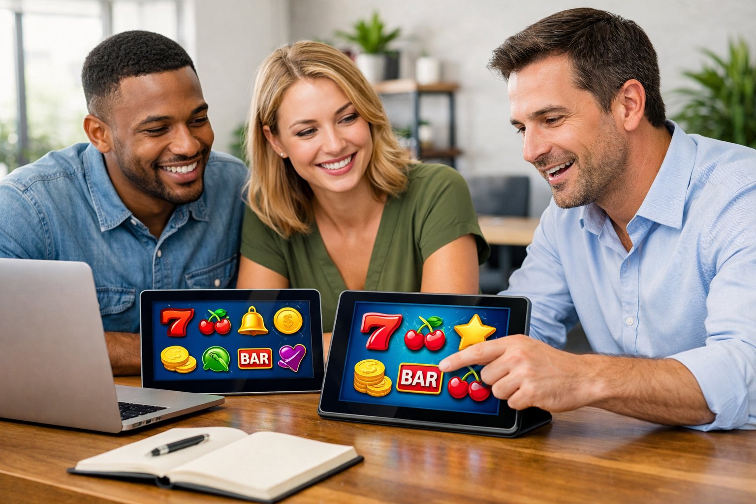 Three people in an office discussing simplified slot game icons displayed on digital devices around a table.