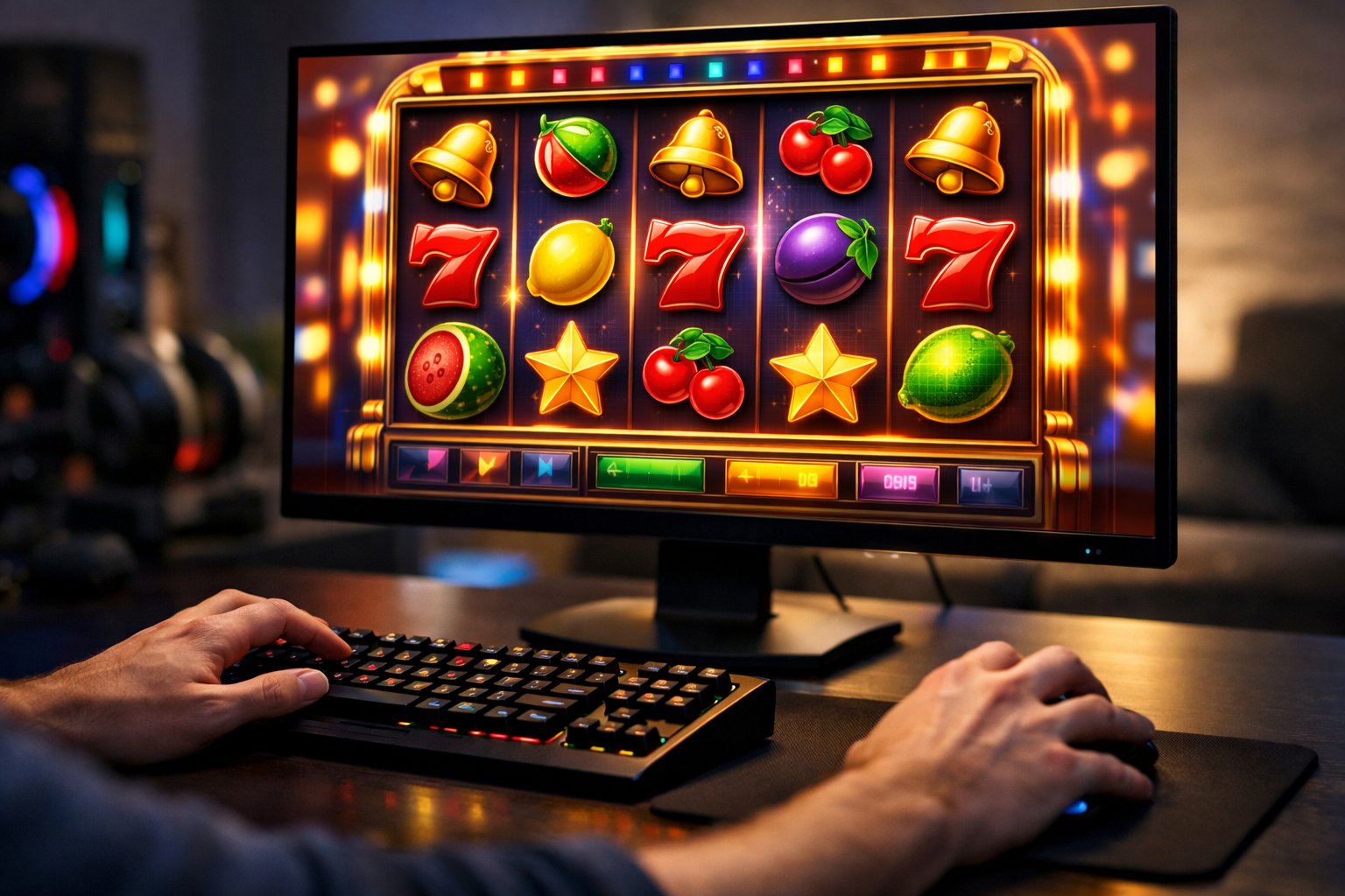 A person playing an online slot game on a computer with colorful spinning reels visible on the screen.