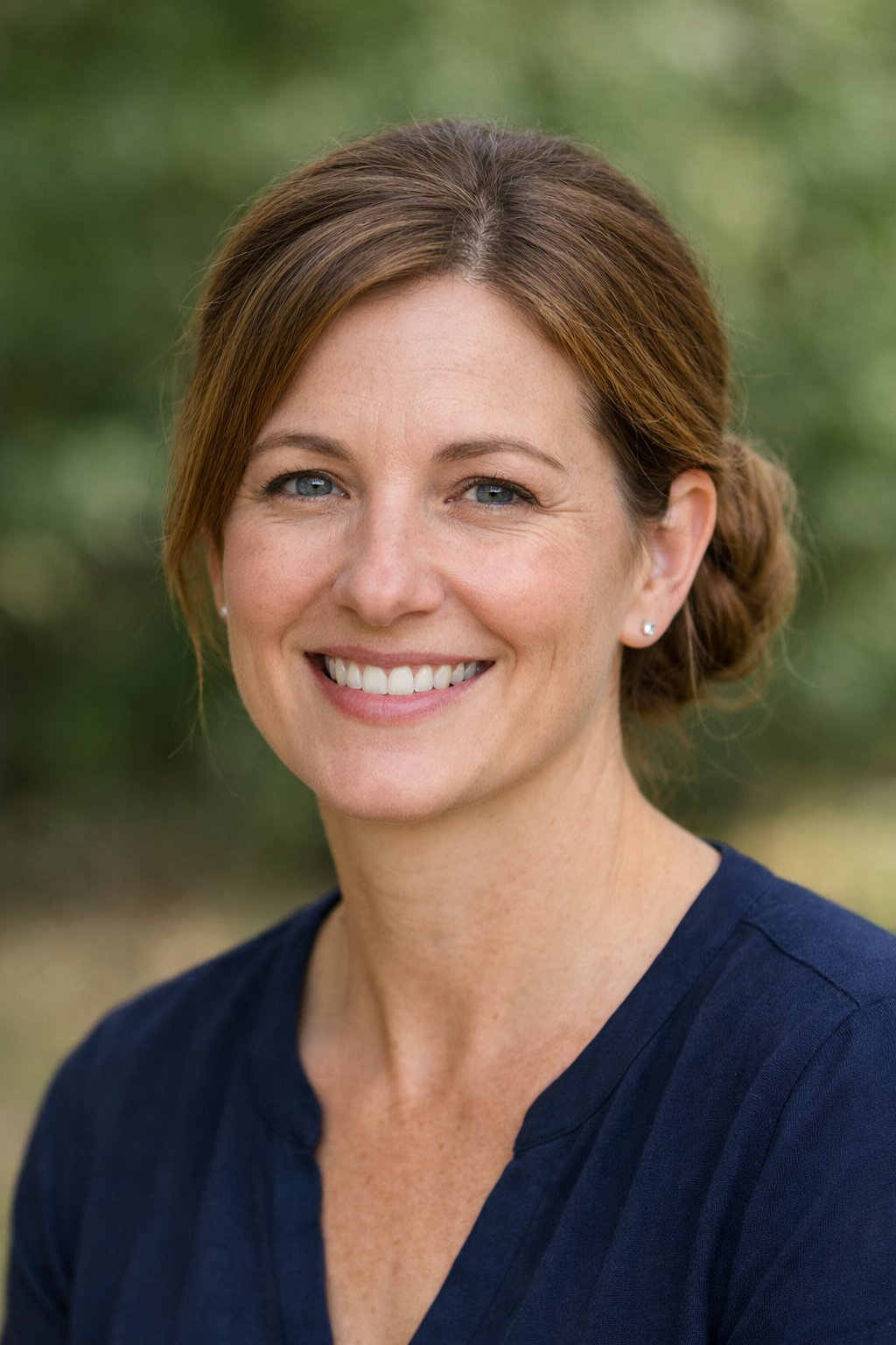 Headshot of a smiling woman outdoors with her hair styled in a low bun.