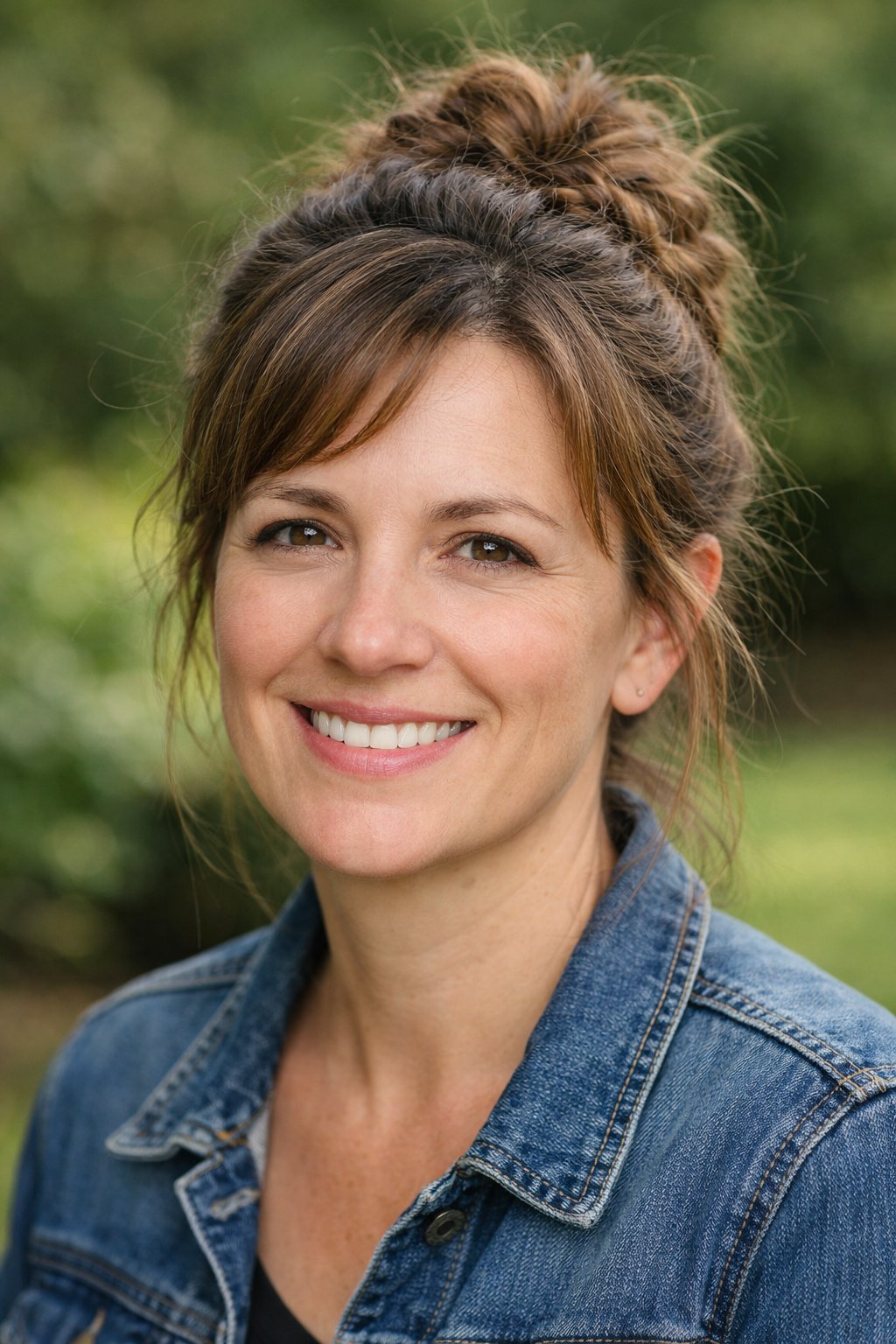 Headshot of a smiling woman outdoors with a messy braided updo hairstyle and natural lighting.