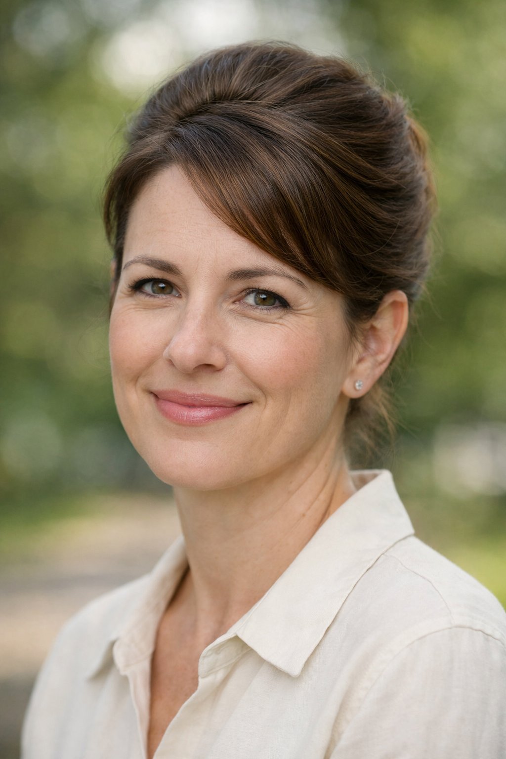Headshot of a smiling woman outdoors with her hair styled in an updo.