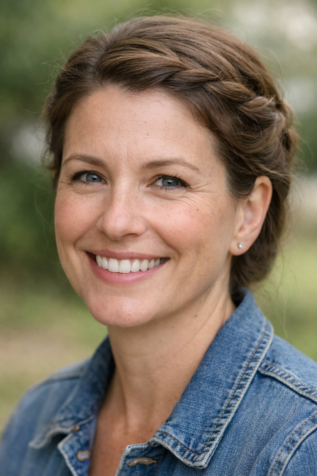 Close-up headshot of a smiling woman outdoors with a soft twisted crown hairstyle.