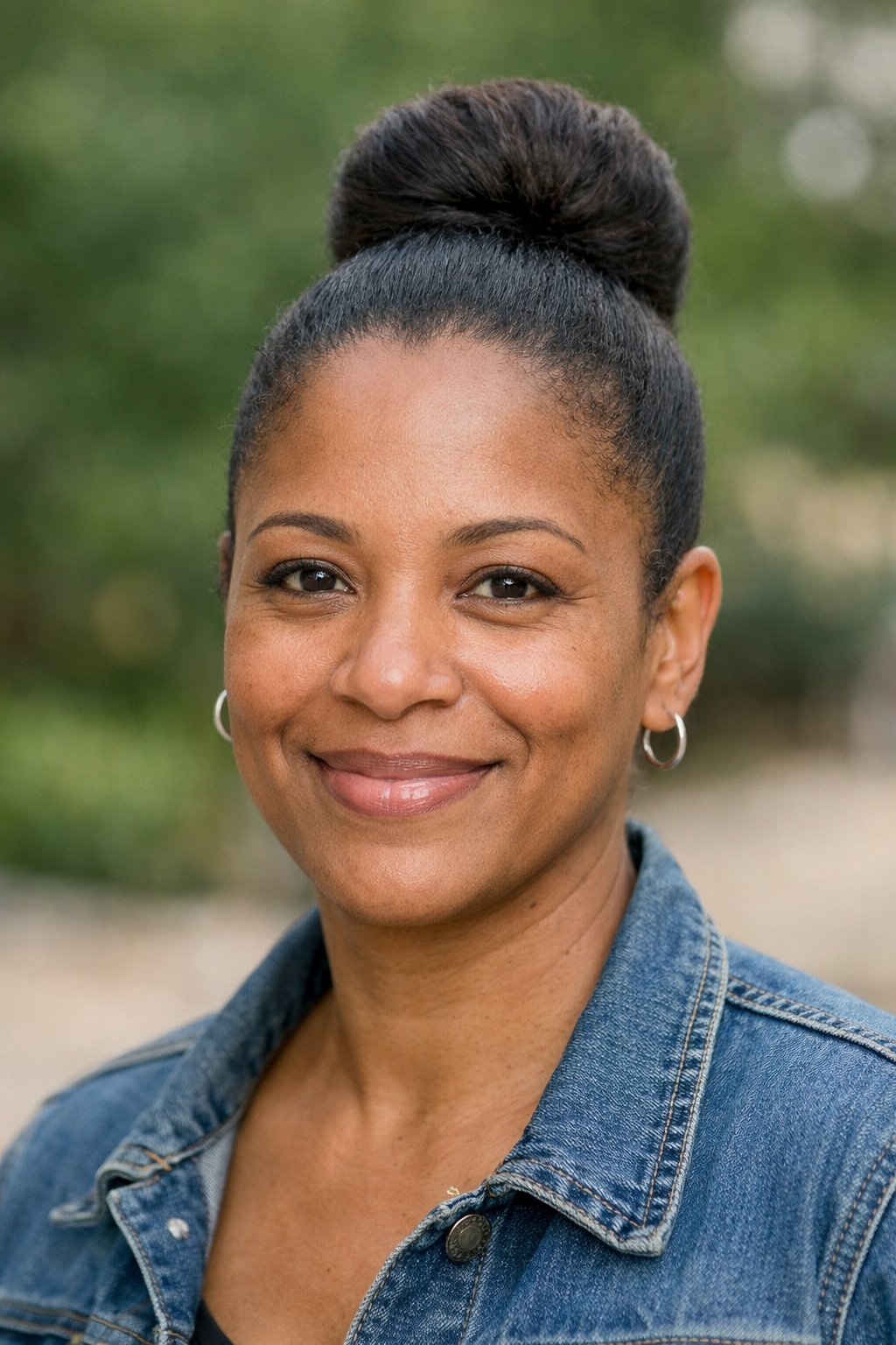 Smiling woman outdoors with hair styled in a high sleek bun, shown in a close-up headshot.