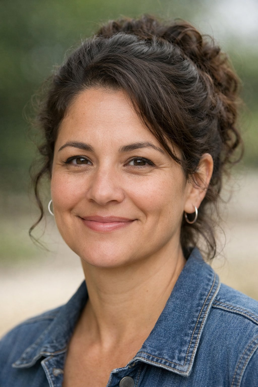 Headshot of a smiling woman outdoors with her hair loosely curled and pinned up.