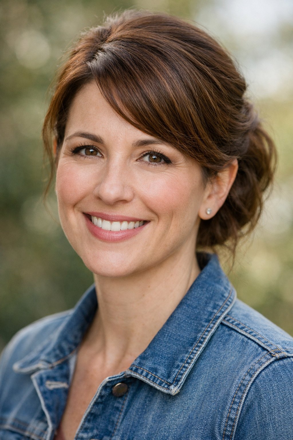 Headshot of a smiling woman outdoors with her hair styled in a side-swept updo with waves.