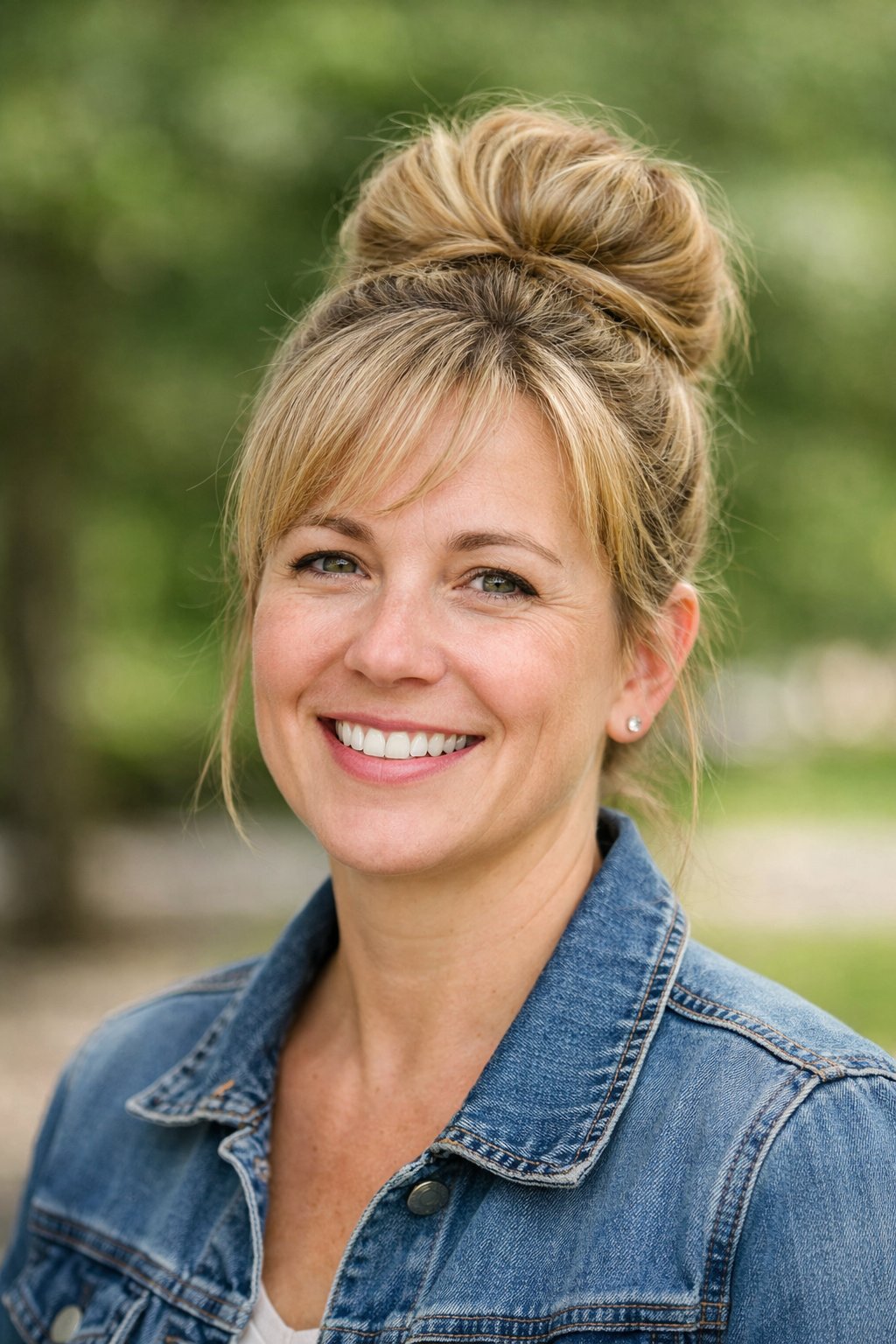 Headshot of a smiling woman outdoors with a voluminous top knot hairstyle and natural lighting.