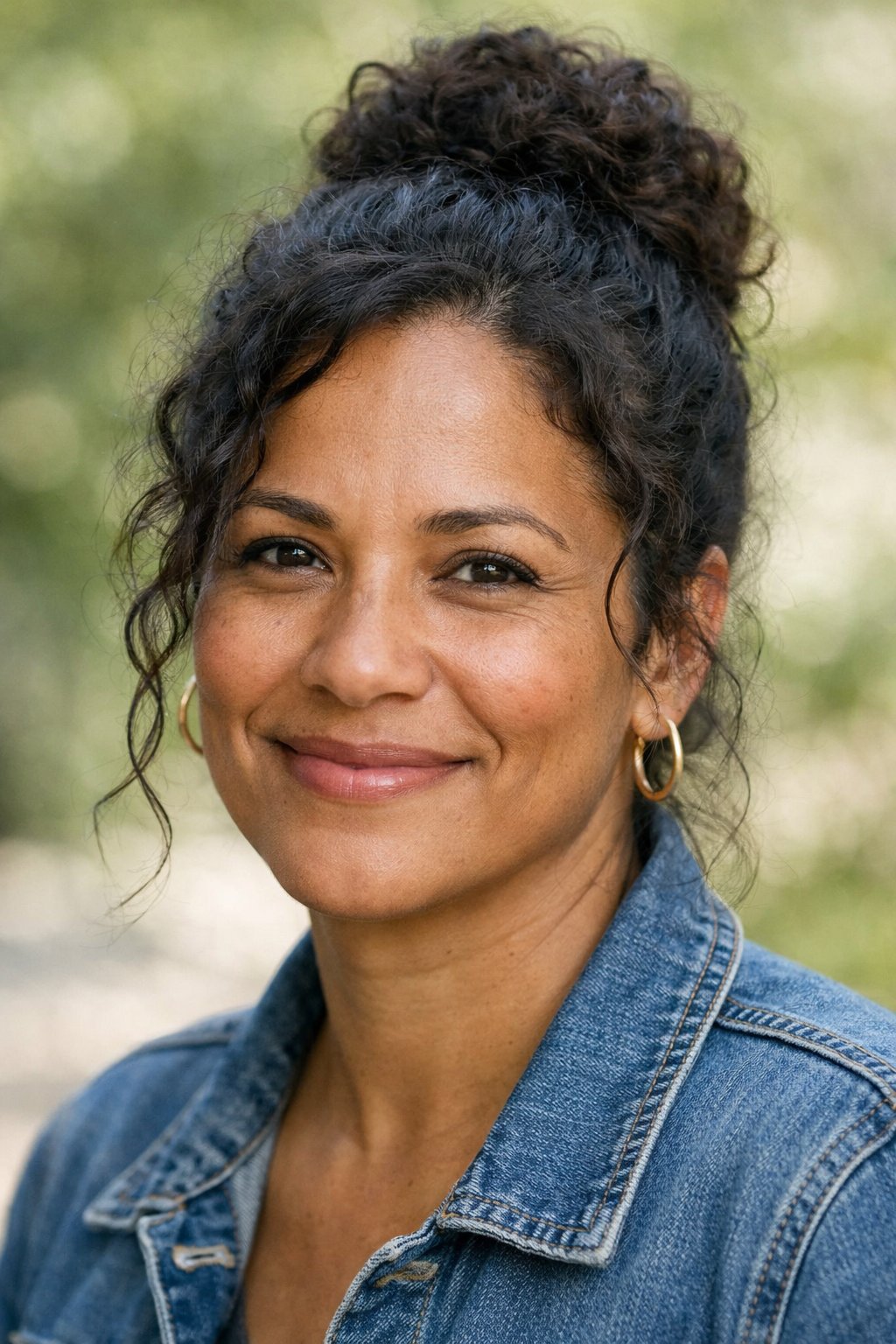 Headshot of a smiling woman outdoors with a textured bun hairstyle and loose strands framing her face.