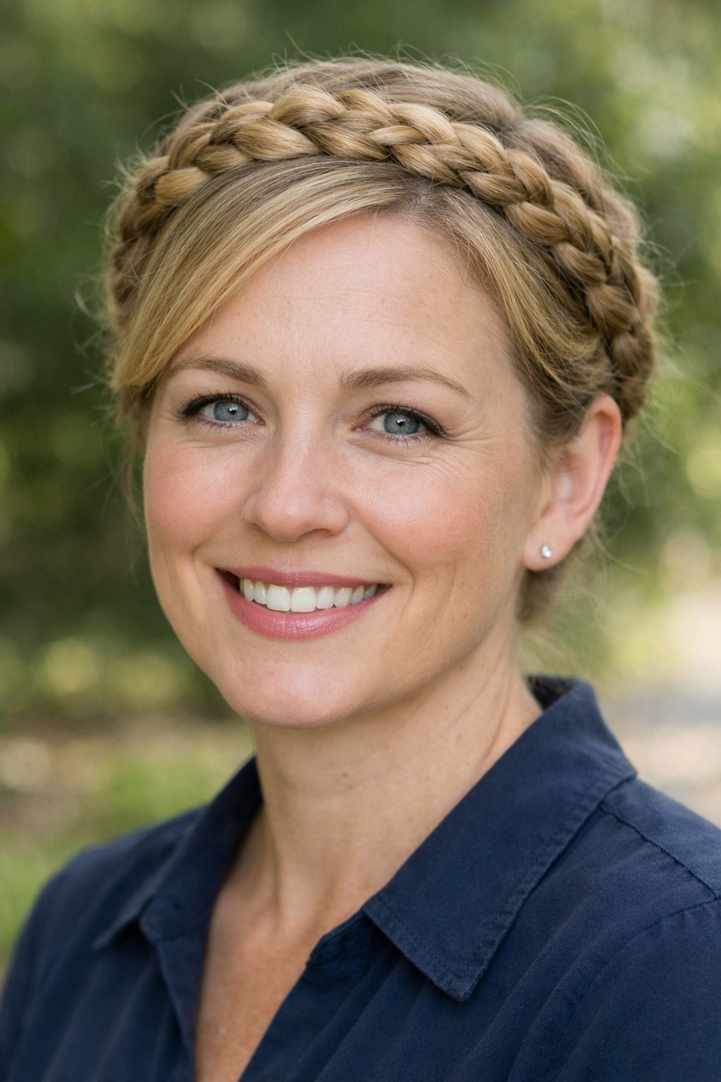 Headshot of a smiling woman outdoors with braided hair styled around her head in a halo shape.